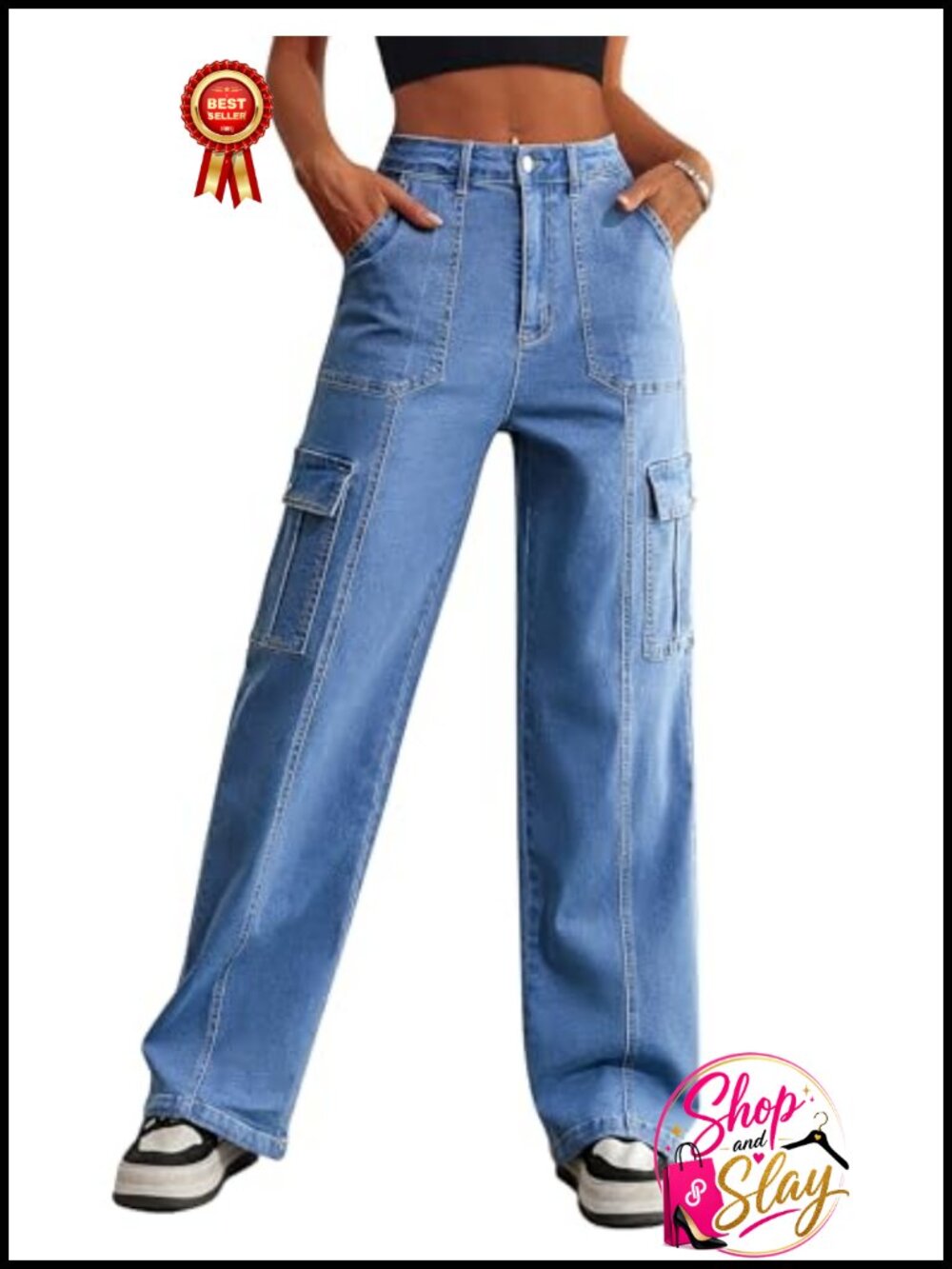 High Waisted Wide Leg Cargo Jeans Drawstring Ankle 6 Pockets Stretch Denim